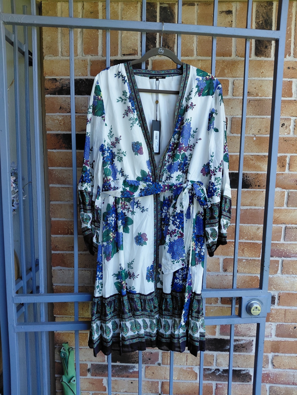 Kobi Halperin White Midi Wrap Dress with Blue and Green Floral Print